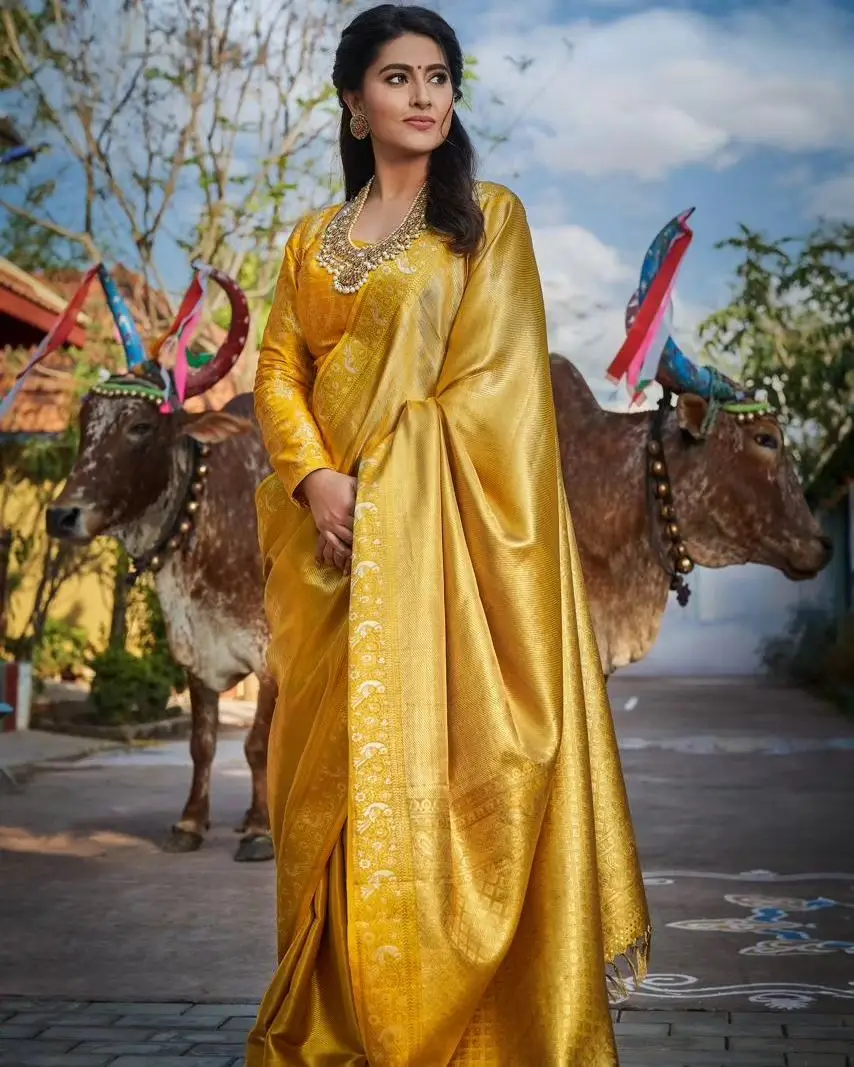 South Indian Girl Sneha In Traditional Yellow Saree Blouse